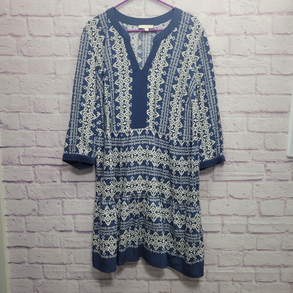 Fig + Flower Blue Boho Ikat Tiered Tunic Dress 2X Festival Flowy Cottagecore